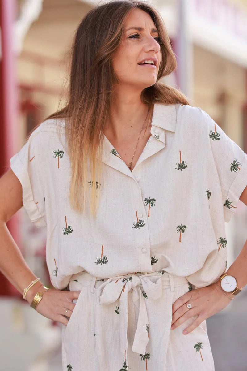 Beige Linen Embroidered Palms Shirt