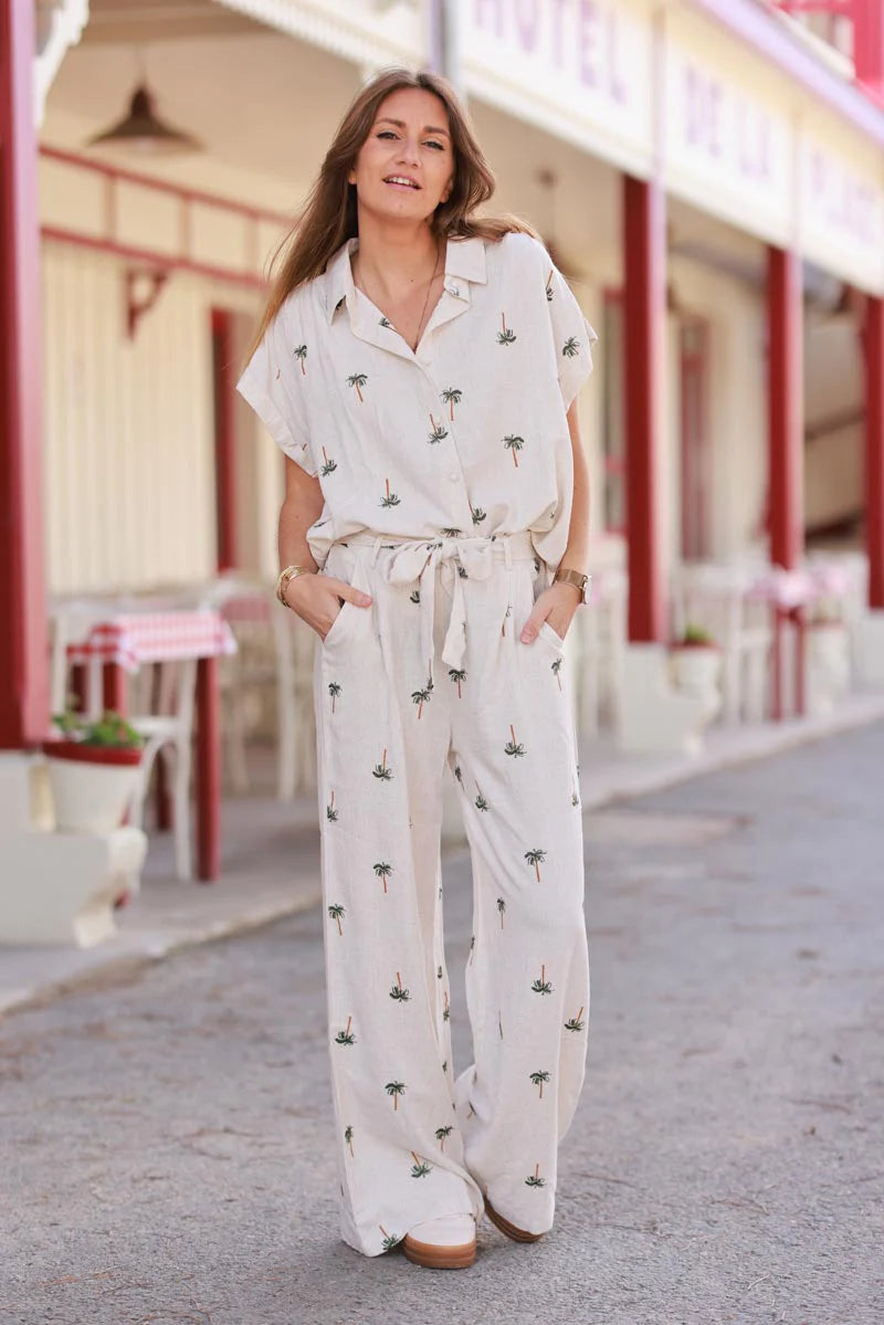 Beige Linen Embroidered Palms Shirt