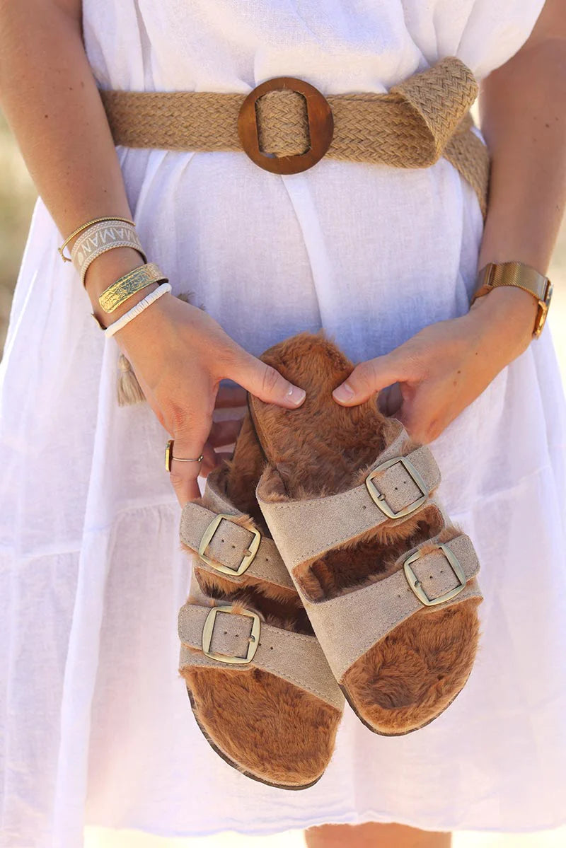 Beige moulded sandals with faux fur sole