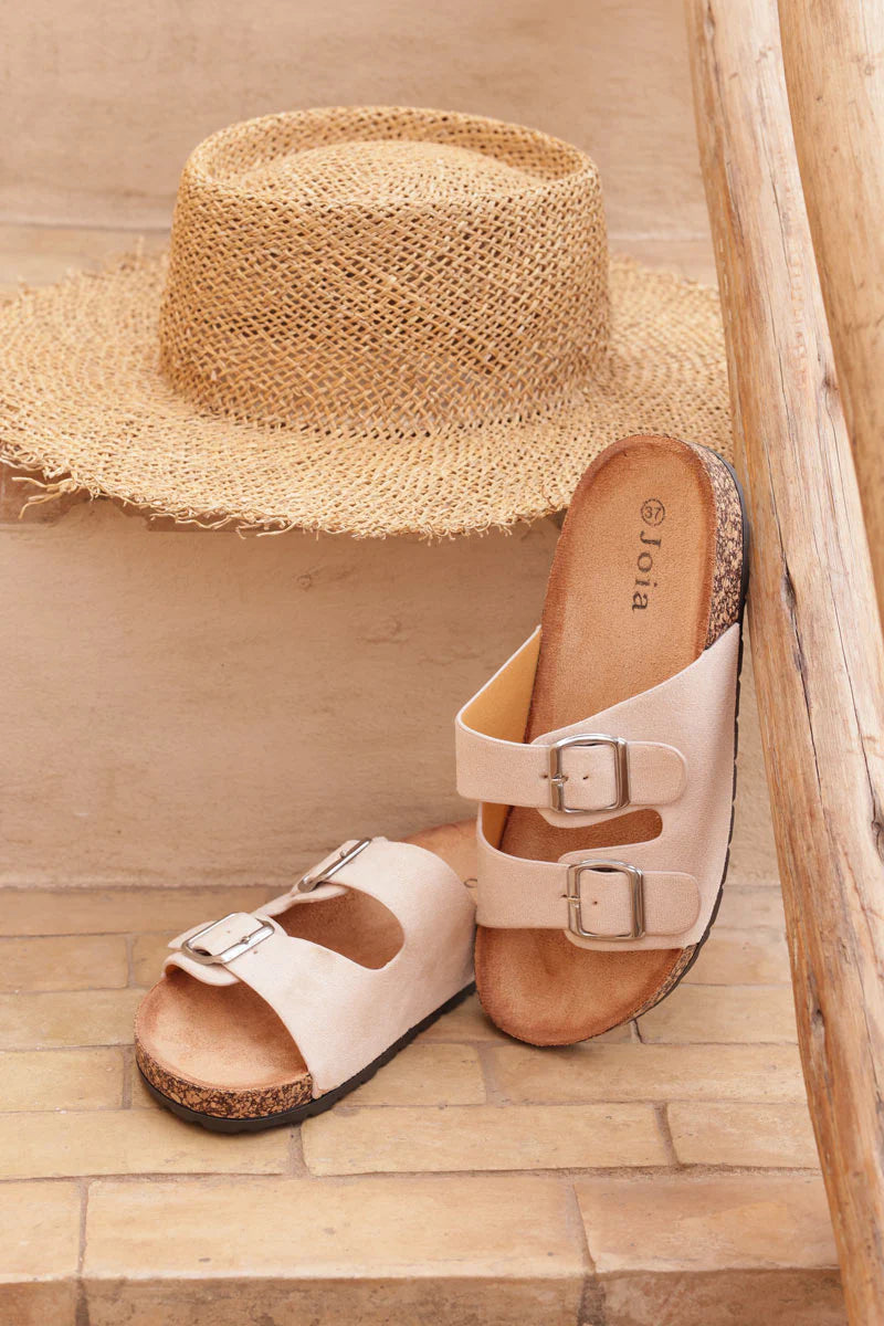 Beige mule sandals with double suedette straps and square buckles