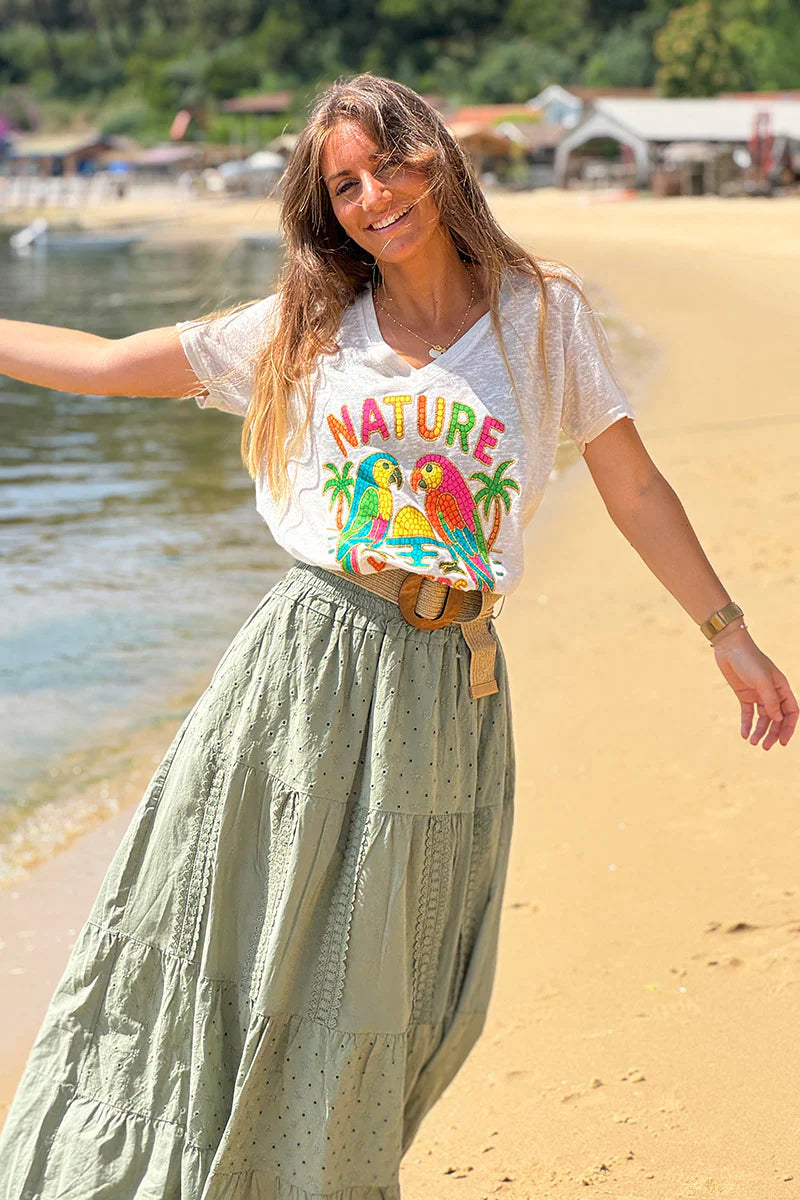 Beige Nature Lovers Parrot Print Slub Knit Tee