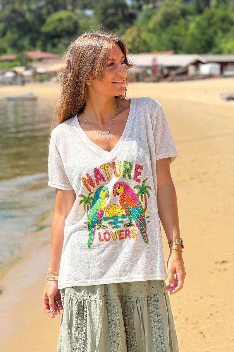 Beige Nature Lovers Parrot Print Slub Knit Tee