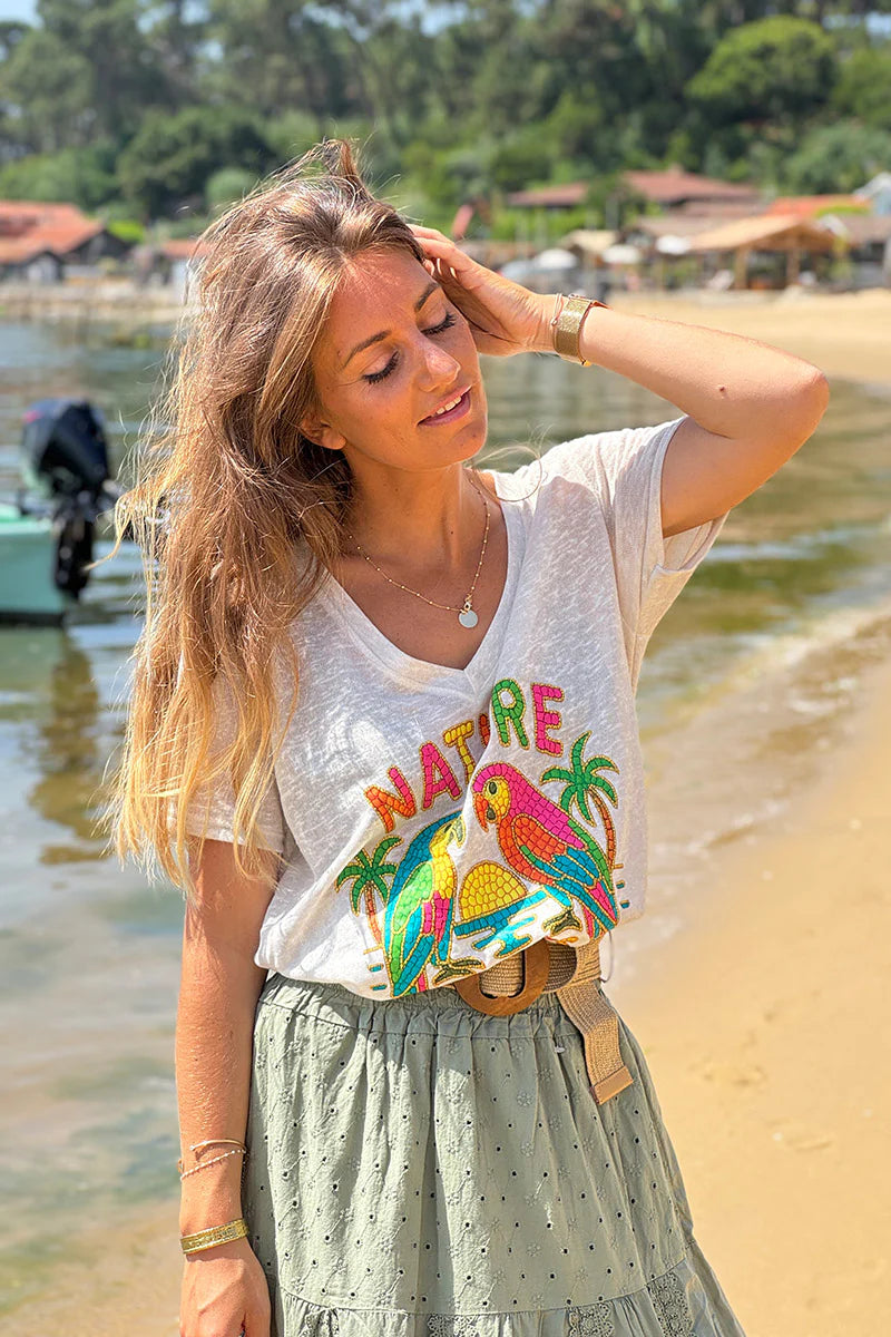 Beige Nature Lovers Parrot Print Slub Knit Tee