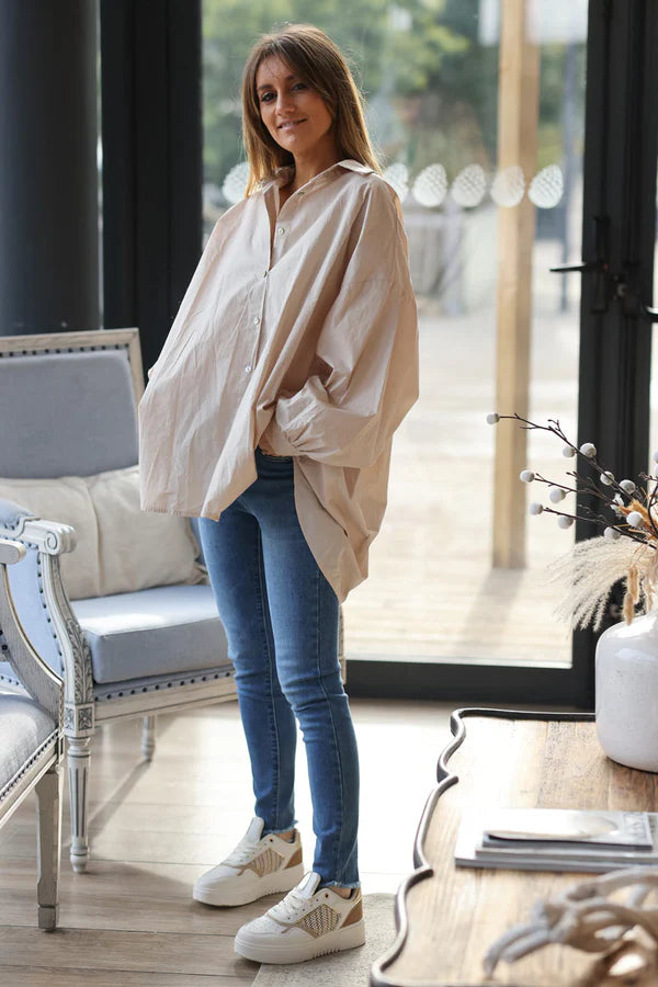 Beige oversized cotton shirt with batwing sleeves