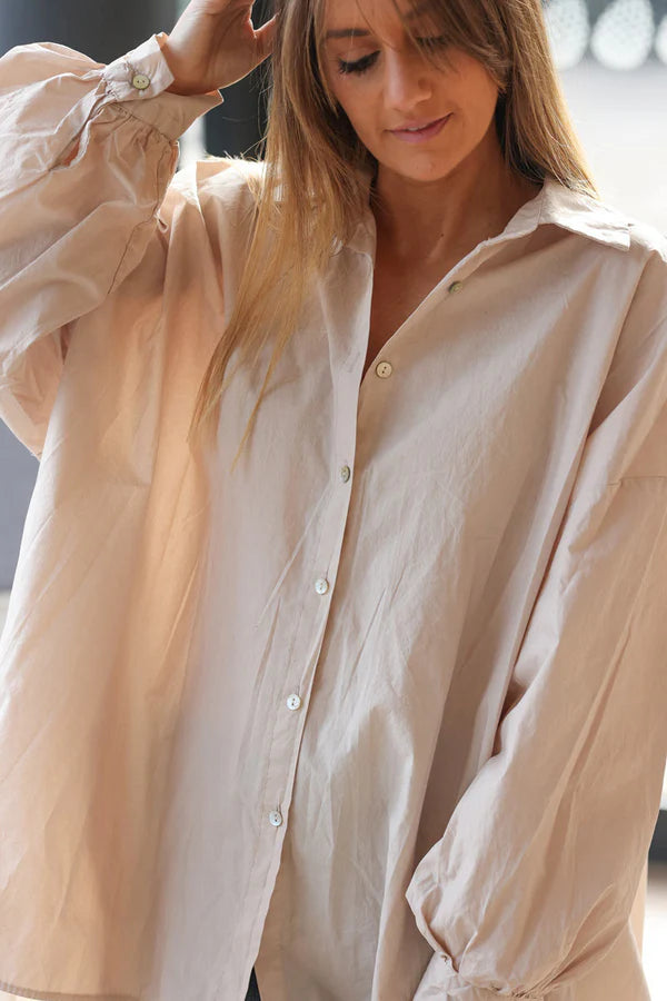 Beige oversized cotton shirt with batwing sleeves