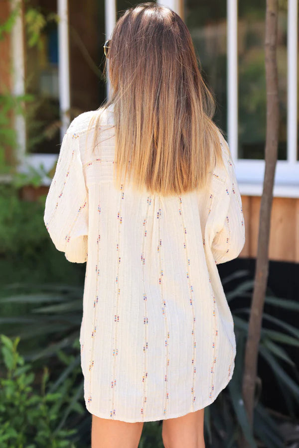 Beige shirt with coloured and gold metallic threads