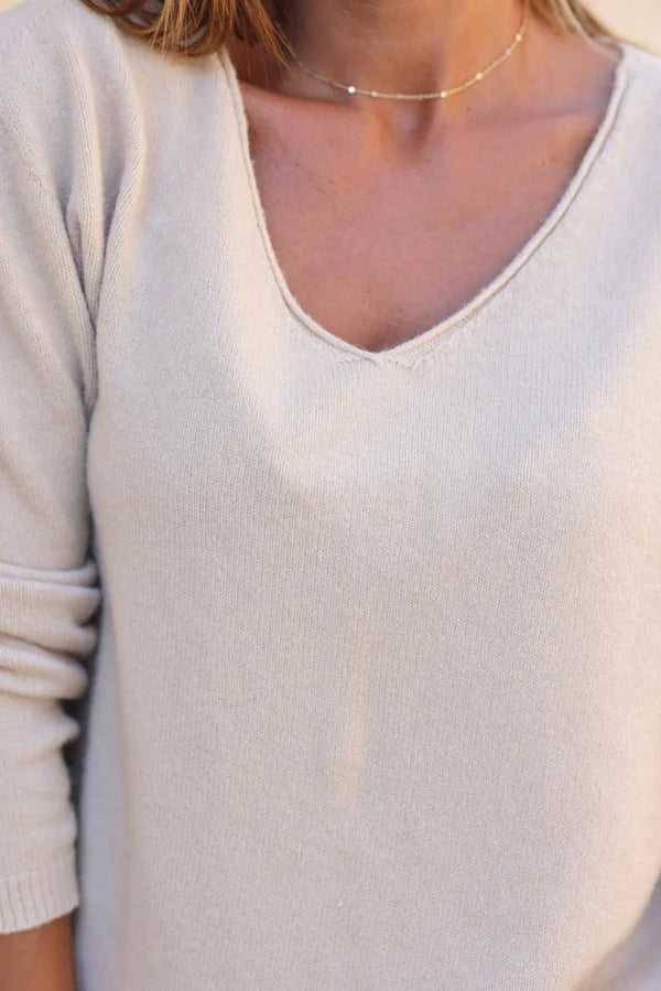 Beige Soft Basic V-neck Sweater