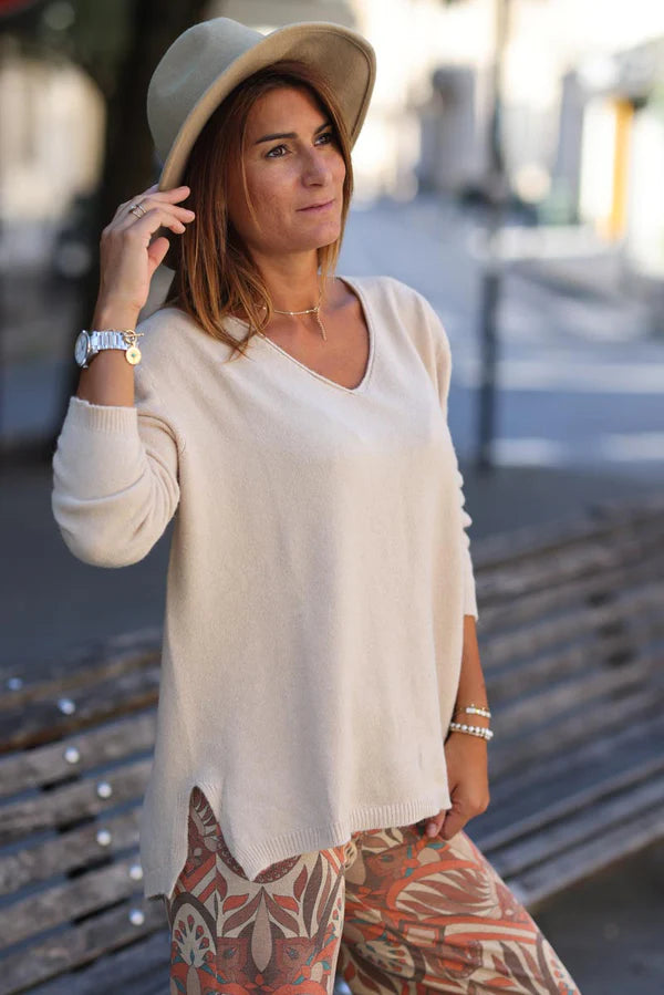 Beige Soft Basic V-neck Sweater