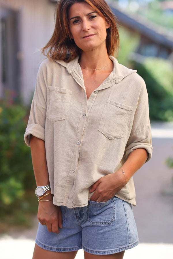 Beige soft cotton blouse with 3/4 sleeves and large pockets