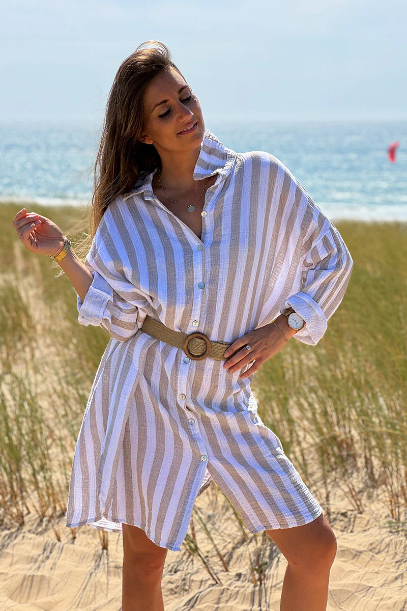 Beige Stripe Gauze Shirt Dress