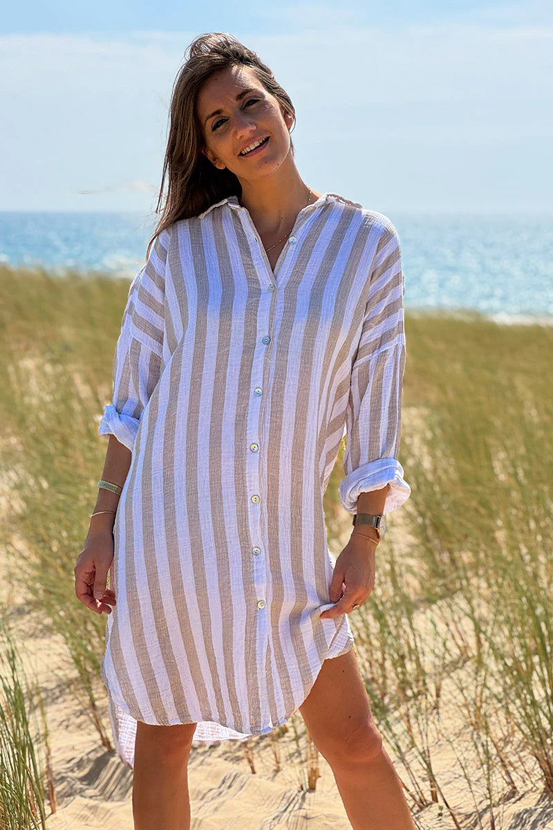 Beige Stripe Gauze Shirt Dress