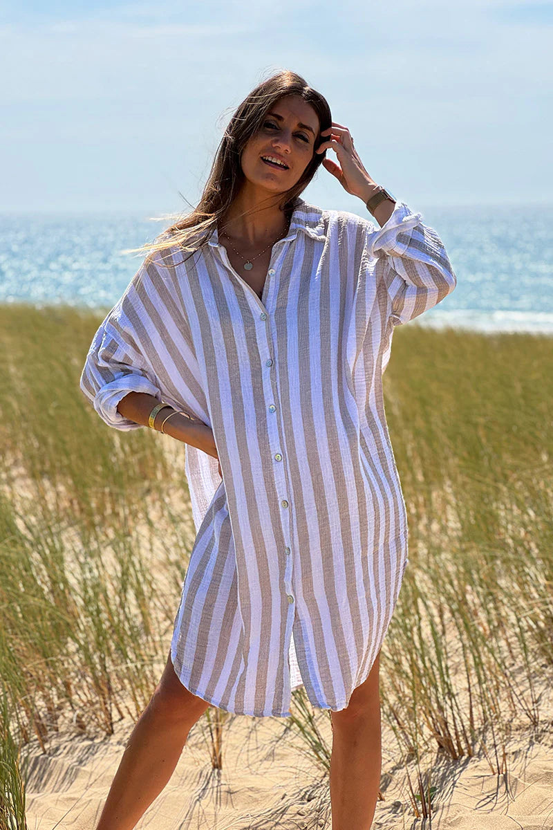 Beige Stripe Gauze Shirt Dress