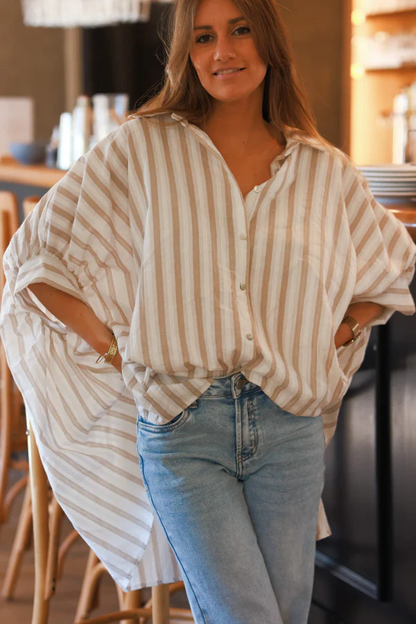 Beige Stripe Slouchy Cotton Button-Down Shirt