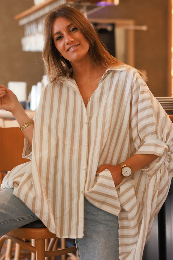 Beige Stripe Slouchy Cotton Button-Down Shirt