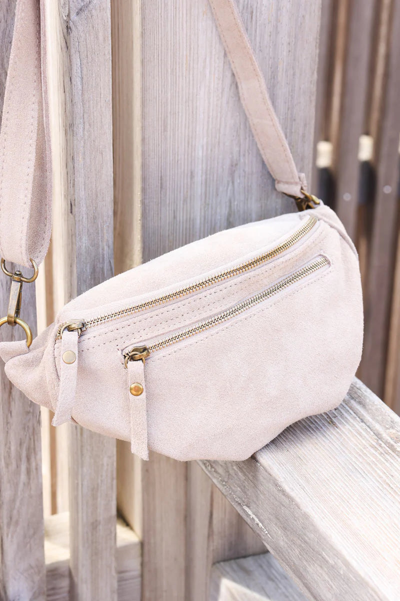 Beige suede leather shoulder bag with double zipped pockets