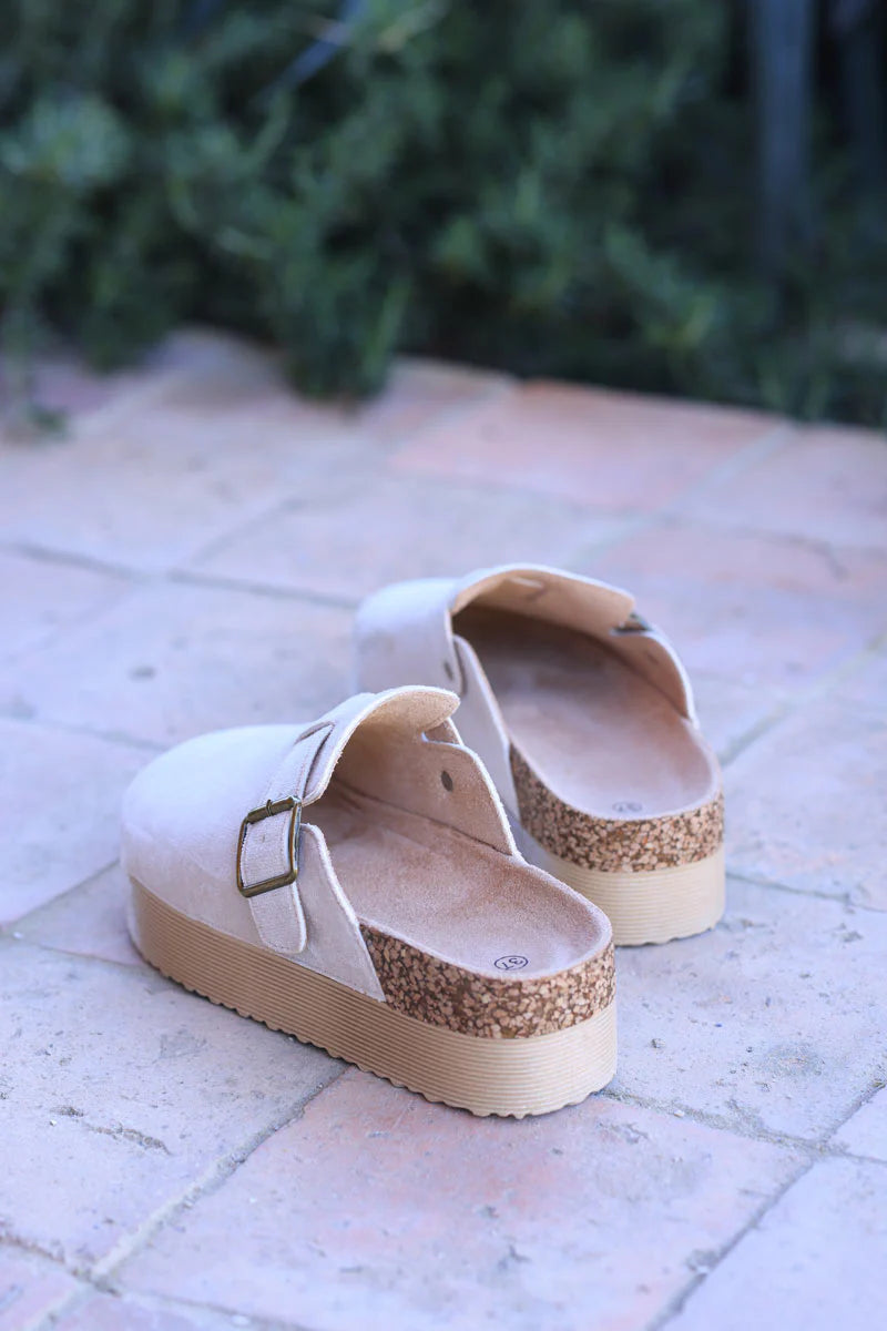 Beige suedette slip on flatform mules with buckle