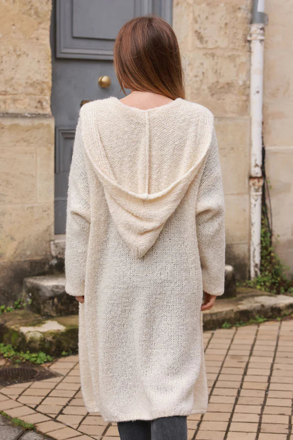 Beige Sweater Knit Hooded Duster Jacket