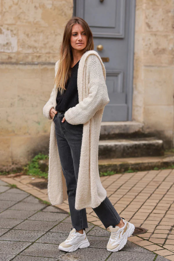 Beige Sweater Knit Hooded Duster Jacket