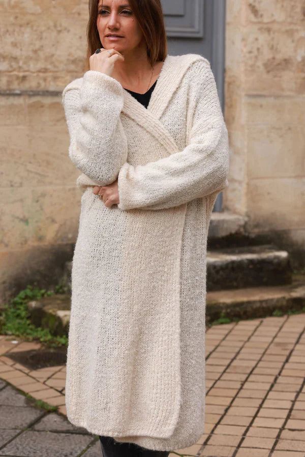 Beige Sweater Knit Hooded Duster Jacket