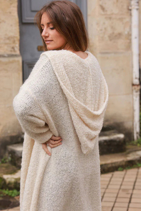 Beige Sweater Knit Hooded Duster Jacket