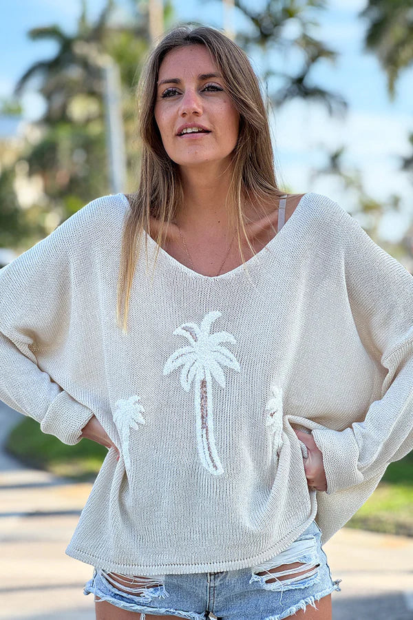 Beige Textured Palm Slouchy Knit Sweater