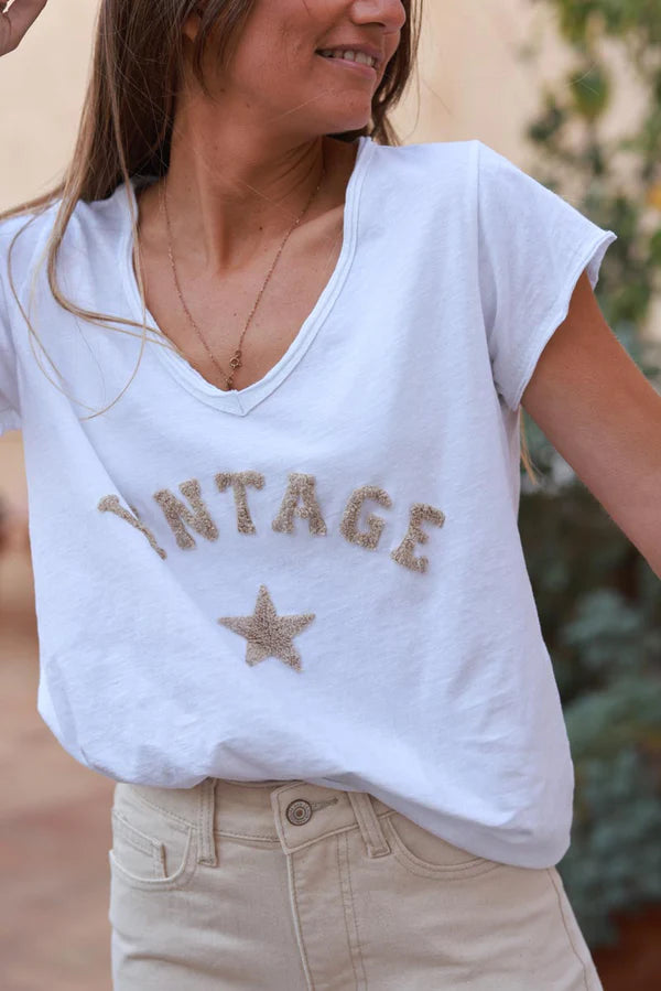 Beige Vintage Star Varsity White V-Neck Tee