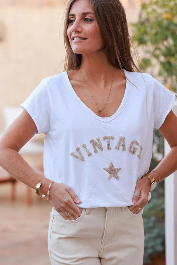 Beige Vintage Star Varsity White V-Neck Tee