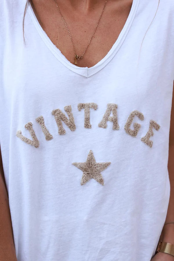 Beige Vintage Star Varsity White V-Neck Tee
