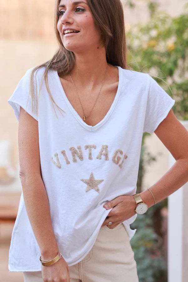 Beige Vintage Star Varsity White V-Neck Tee
