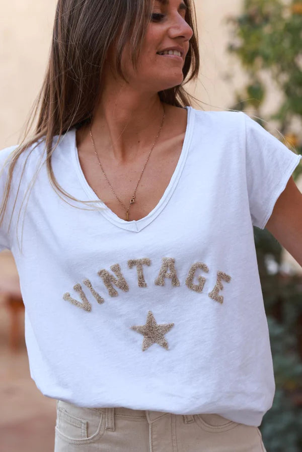 Beige Vintage Star Varsity White V-Neck Tee