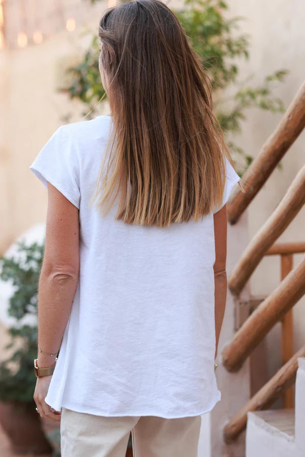 Beige Vintage Star Varsity White V-Neck Tee