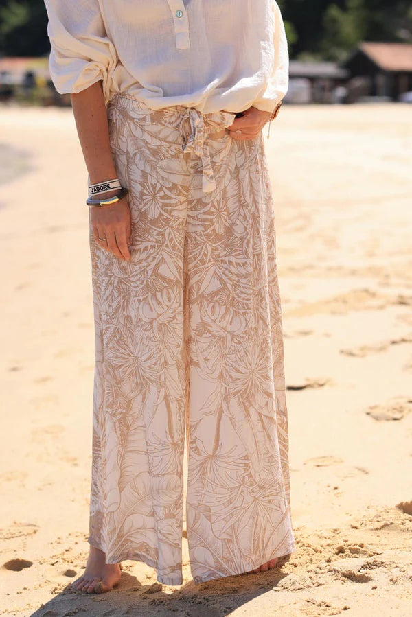 Beige Wide Leg Floaty Pants with Palm Leaf Print and fabric belt