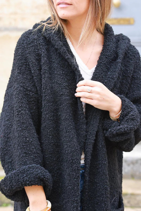 Black Alpaca Wool Blend Hooded Duster