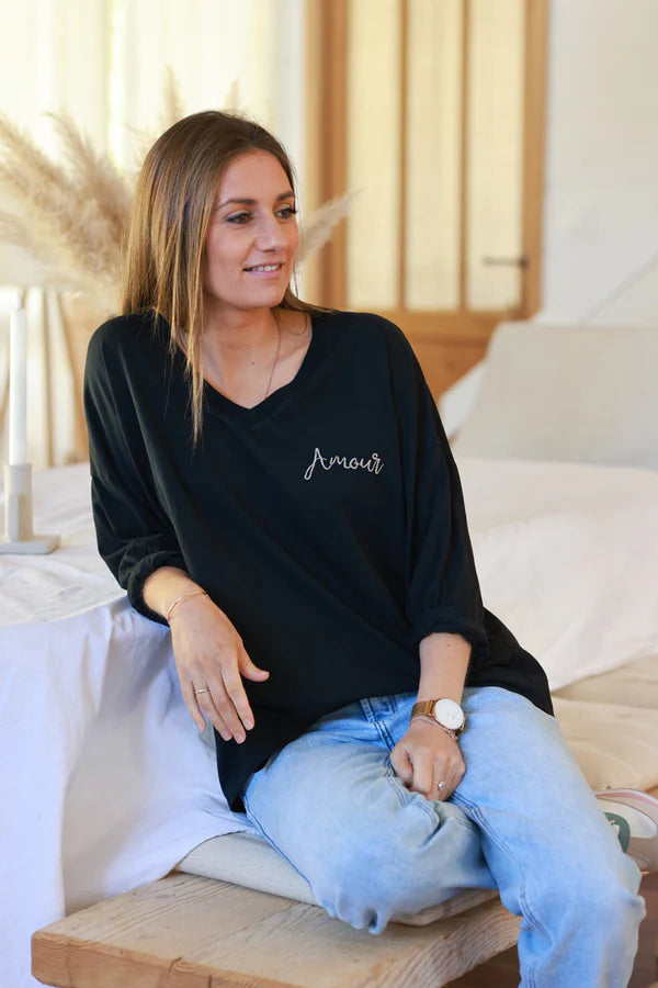 Black “Amour” Long-Sleeve V-Neck Tee