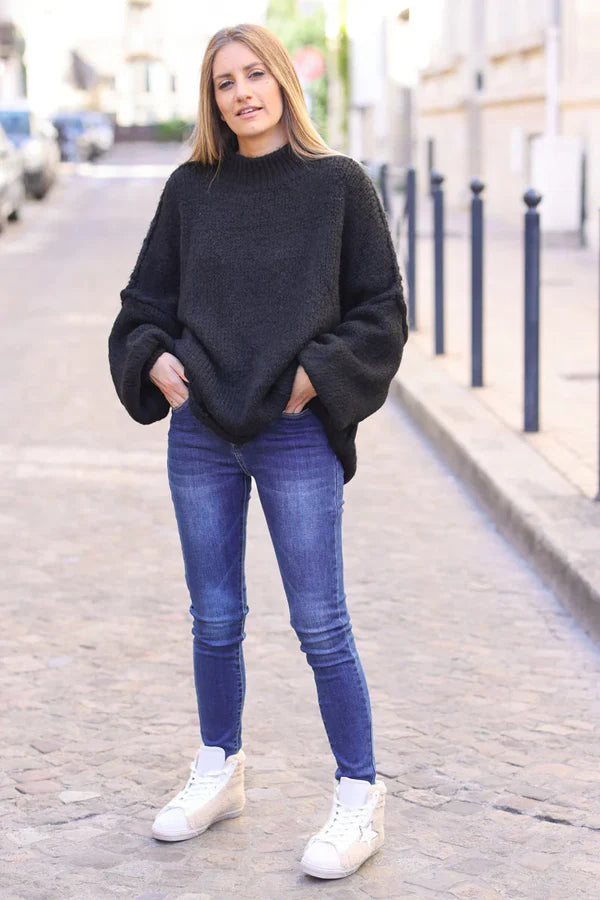 Black Chunky Knit Sweater Oversized and Funnel Neck