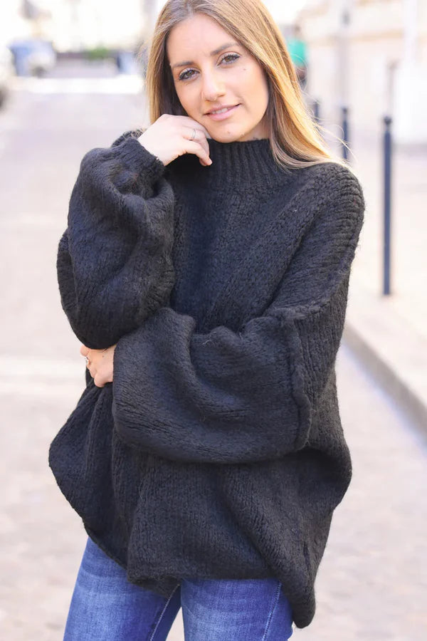 Black Chunky Knit Sweater Oversized and Funnel Neck