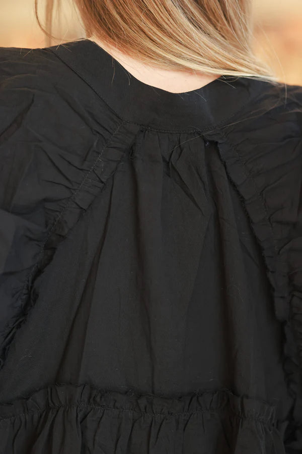 Black Cotton Button-Down Peasant Blouse