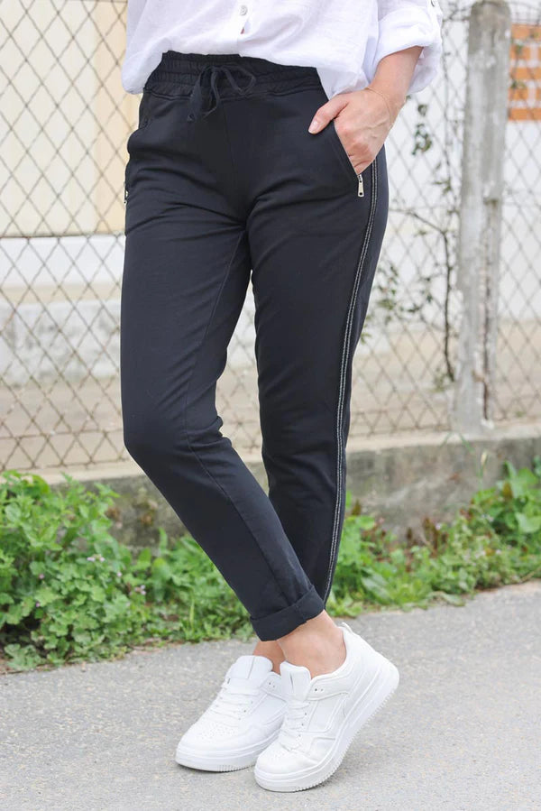 Black Cotton Comfort Sweatpants with Silver Glitter Seams