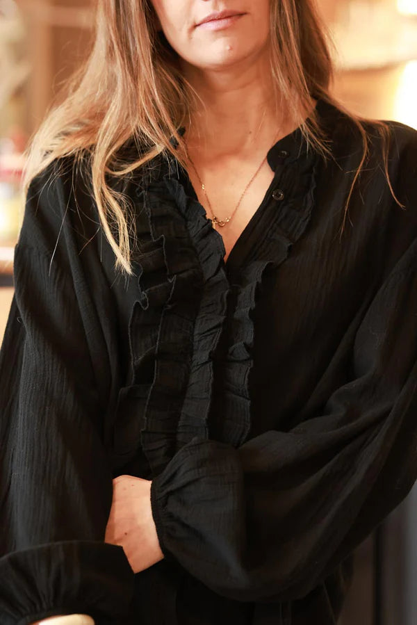 Black Cotton Gauze Ruffled Blouse