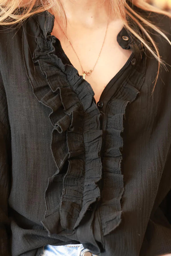 Black Cotton Gauze Ruffled Blouse