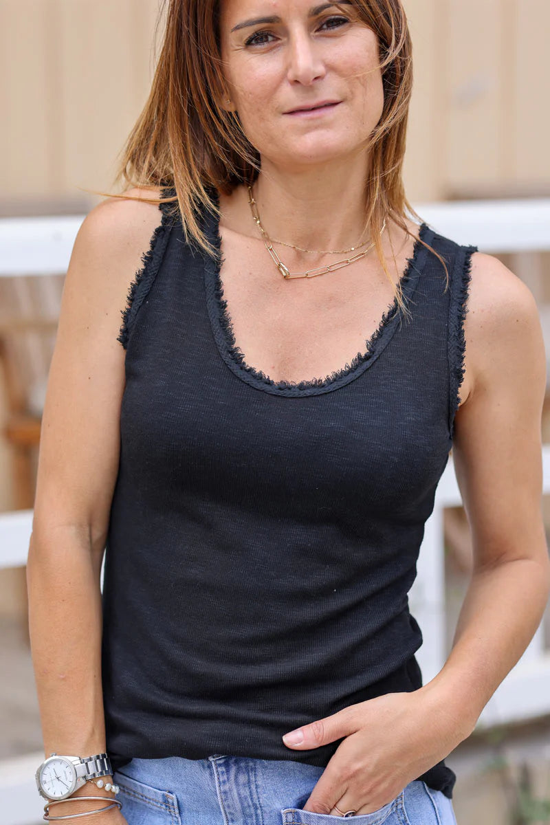 Black cotton tank top with fringes