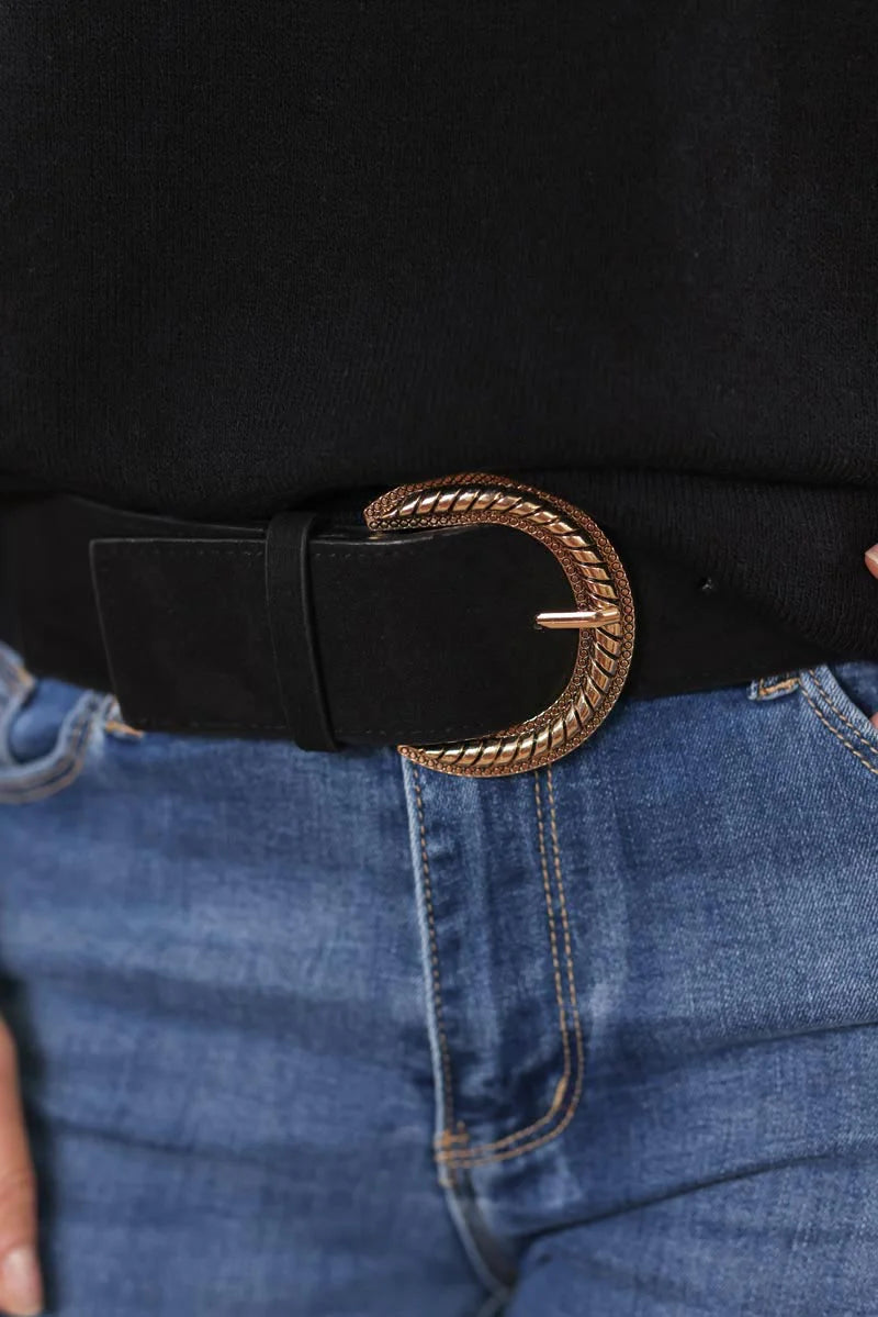 Black elastic belt with gold twisted relief buckle