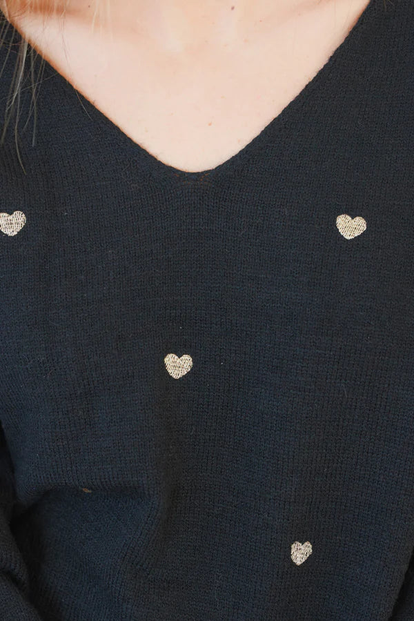 Black Embroidered Hearts V-Neck Sweater