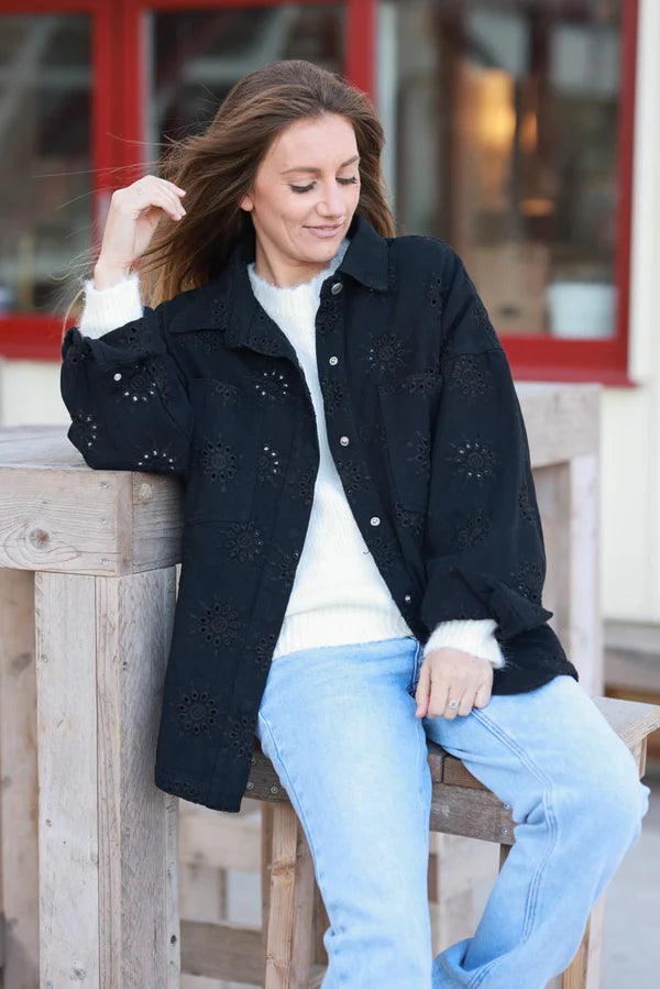 Black Eyelet Starburst Denim Shirt Jacket