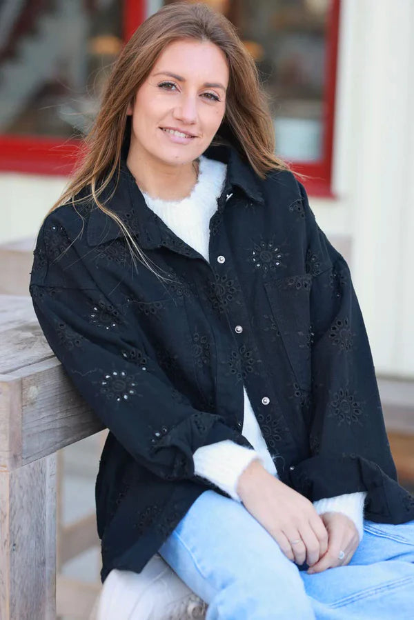 Black Eyelet Starburst Denim Shirt Jacket