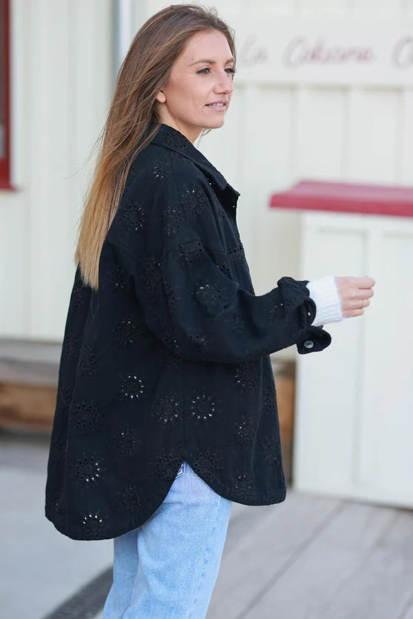 Black Eyelet Starburst Denim Shirt Jacket