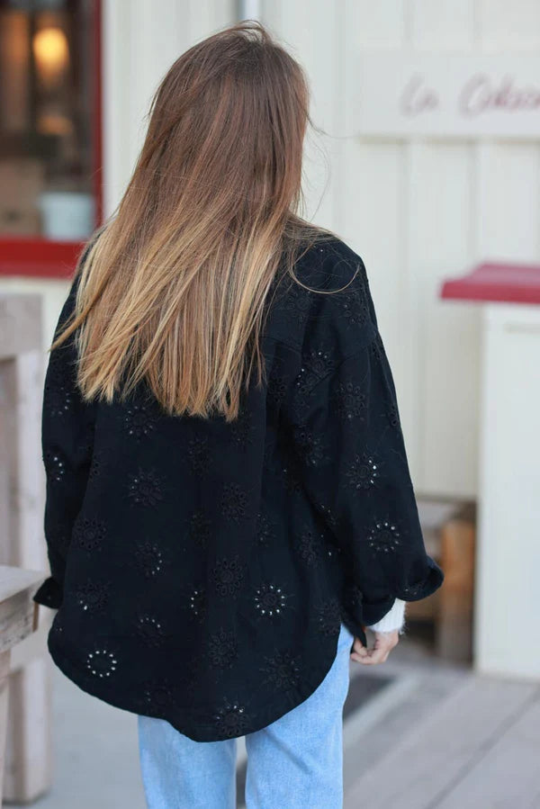 Black Eyelet Starburst Denim Shirt Jacket