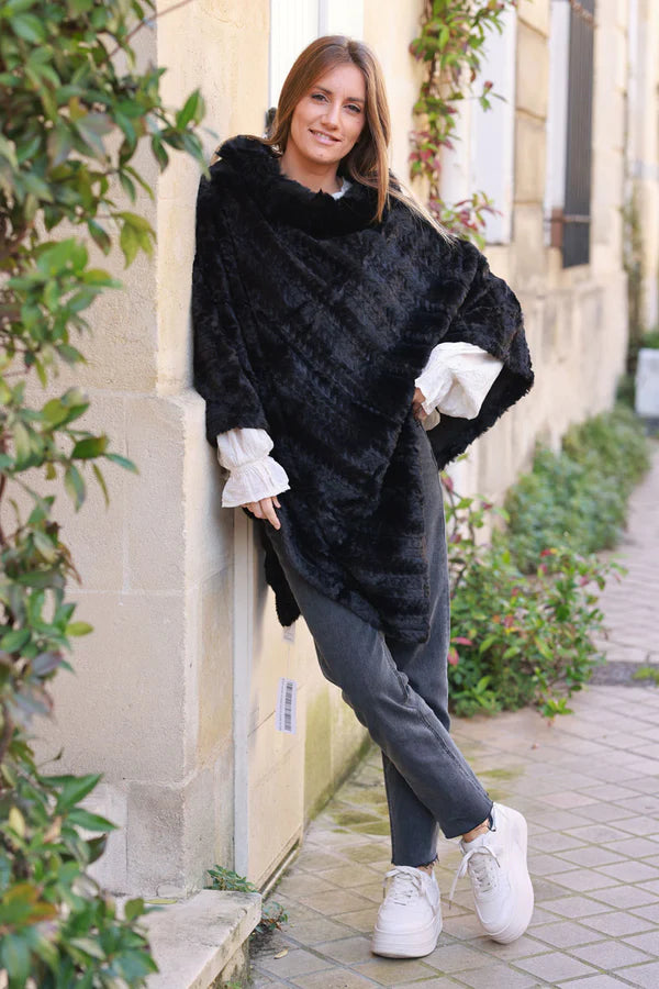 Black Faux Chinchilla Poncho Cape