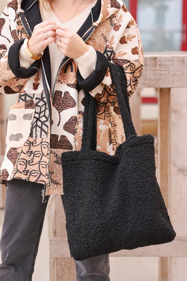 Black Faux Shearling Tote Bag