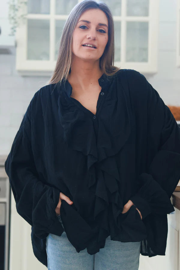 Black Gauze Ruffle Front Blouse